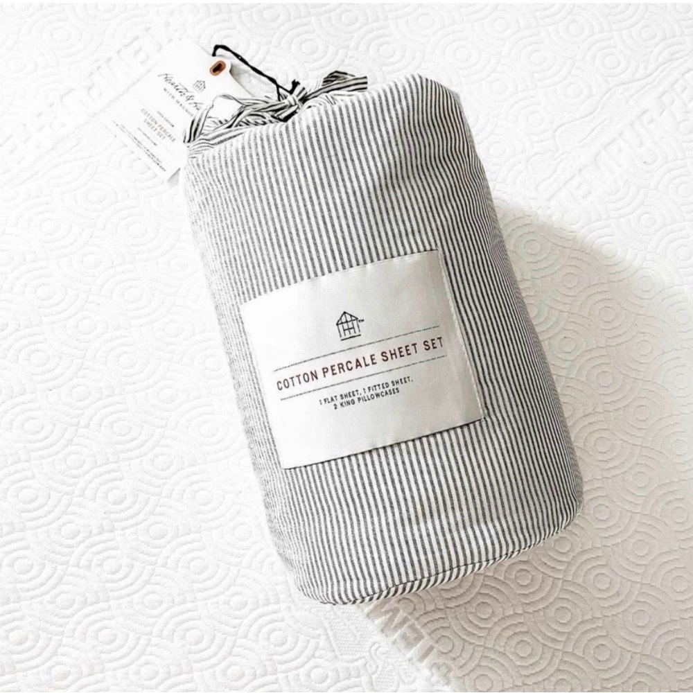 New! 4pc Queen Cotton Percale stripe Sheet Set Railroad Gray/Sour Cream